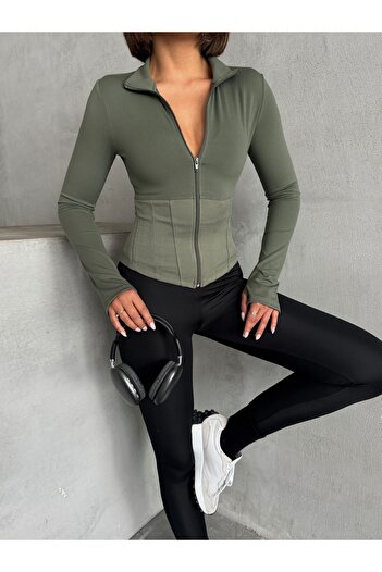 Miss Prova Khaki Brushed Soft Fabric Knitted Sports Jacket/Sweatshirt with Thumb Holes Missce2621
