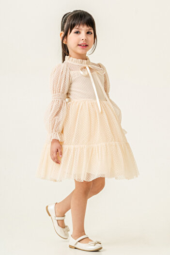 Eray Kids Girl's Evening Dress, Polka Dot Lace Gathered Cream, Bow Detail on the Back, 3-6 Years Old