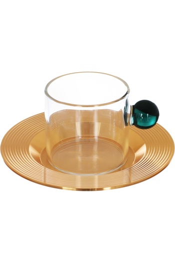Alsaif Gallery Amber Al Saif Gallery Glass Tea Serving Set, Teapot + Cups & Saucers + Warming Base, 15 Pieces