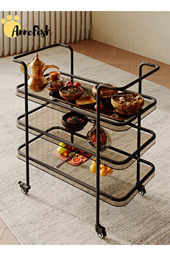 AnneFish 80*35*80cm Rolling Serving Trolley Serving Cart Wheels Beverage Cart Protective Rails Kitchen Dining