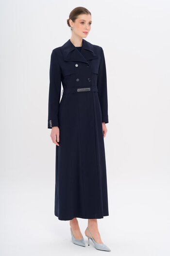 Olcay Handkerchief Collar Stone and Bead Detailed Lined Overcoat Dark Blue 6753