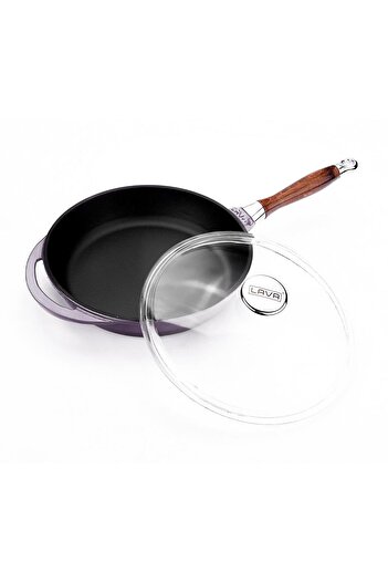 Lava Cast Round Frying Pan with Glass Lid Cast Iron Detach - Plug Wooden Handle Diameter (Ø)28cm