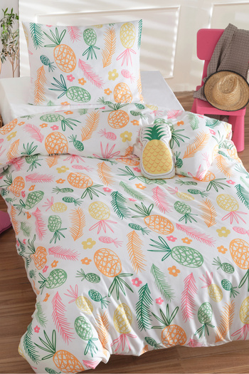 Eponj Home Single Cotton Duvet Cover Set 3 Pieces – Tropical Pattern – White / Soft Textured