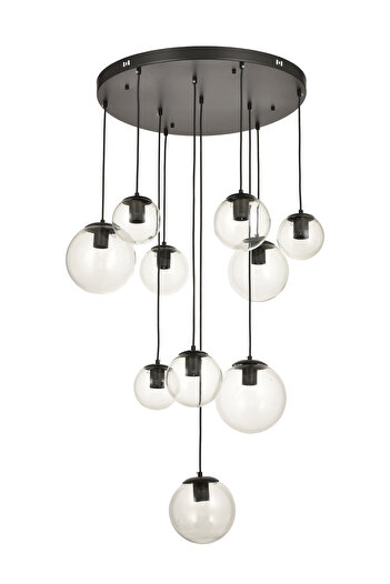 Avizemoda Pigaro 10 lu Şeffaf Camlı Salon Oturma Odası Modern Sarkıt Avize - (Siyah Kasa)