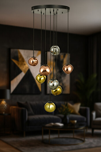 Avizemoda Rainbow 8 li Asimetrik Desen Camlı Dekor Aydınlatma İçin Modern Sarkıt Avize - (Loş ışık verir)