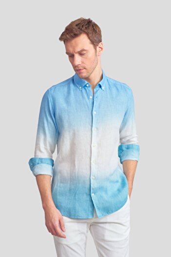 Paşahan Mavi Yeşil Batik Keten Slim Fit Gömlek