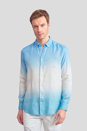 Paşahan Mavi Yeşil Batik Keten Slim Fit Gömlek