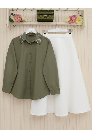 Modamorfo Buttoned Casual Shirt with Stone Detail on the Collar - Khaki