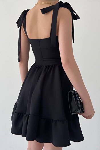 vuvutasarım Black Mini Flared Dress - Atlas Fabric, Chest Support, Tie Up Strap - 236