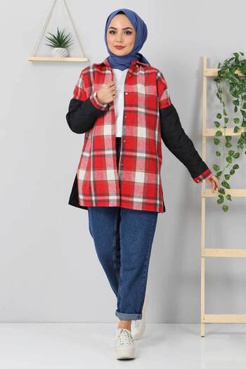 Tesettür Dünyası Quilted Detailed Plaid Jacket Tsd5510 Claret Red