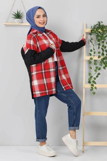 Tesettür Dünyası Quilted Detailed Plaid Jacket Tsd5510 Claret Red
