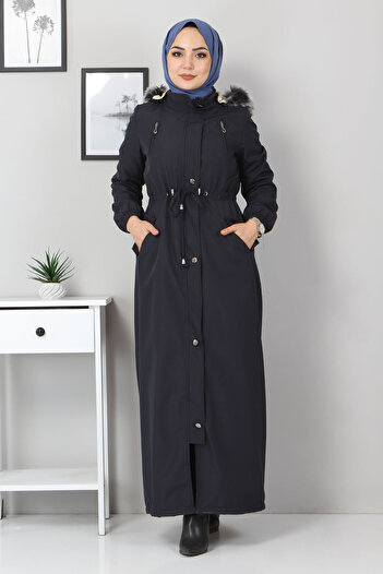 Tesettür Dünyası Waist Lace-Up Capped Coat Tsd1936 Navy Blue