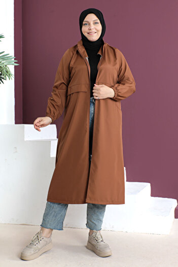 Tesettür Dünyası Veľký trenčkot s detailom nášivky Tsd230505 Cinnamon