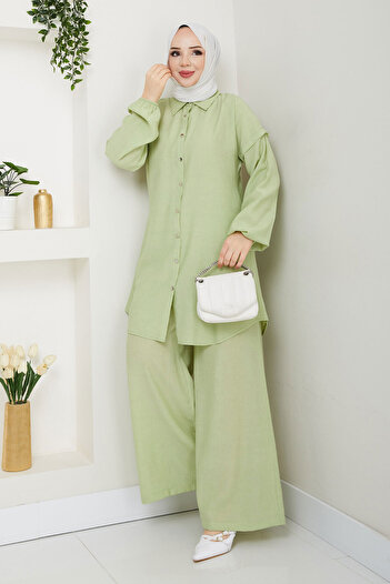 Tesettür Dünyası Buttoned Double Suit with Elastic Ankle Tsd250165 Pistachio Green