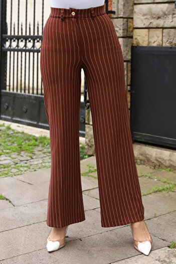 Tesettür Dünyası Wide Leg Striped Trousers TSD240115 Brown