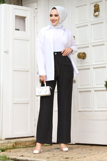 Tesettür Dünyası Striped Palazzo Pants TSD240117 Black