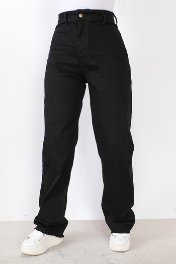 Tesettür Dünyası Wide Leg Denim Trousers with Tassels TSD230916 Black
