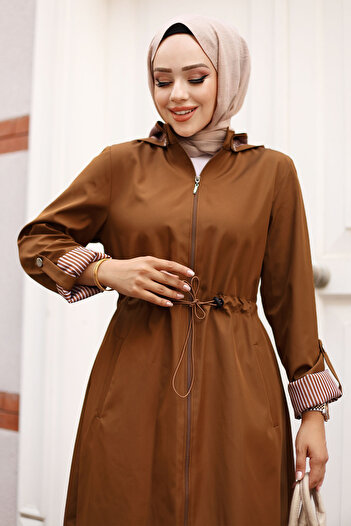 Tesettür Dünyası Tan Colored Zippered Striped Trench Coat - Tsd 240923