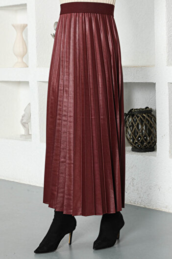 Tesettür Dünyası Leather Look Pleated Skirt Tsd221001 Claret Red