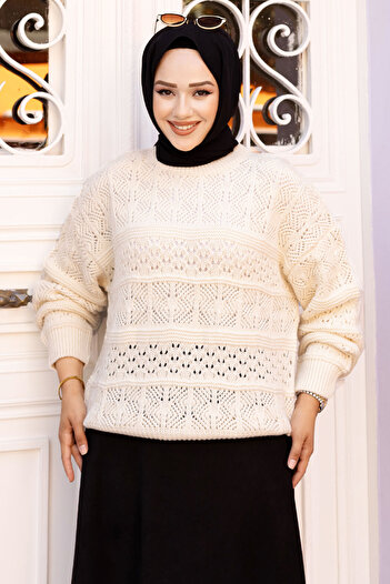 Tesettür Dünyası Beige Openwork Patterned Knitwear Tunic - TSD 240718