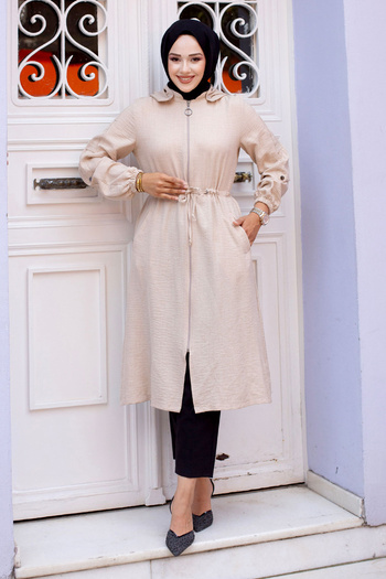 Tesettür Dünyası Stone Colored Hooded Cap with Drawstring Waist - TSD240701