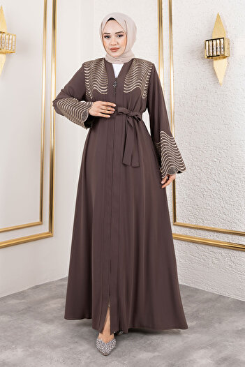 Tesettür Dünyası Tsd 250110   Model Brown Abaya - Embroidery and Stone Detail