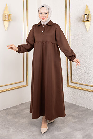 Tesettür Dünyası Scuba Long Hijab Dress Tsd250129 Brown