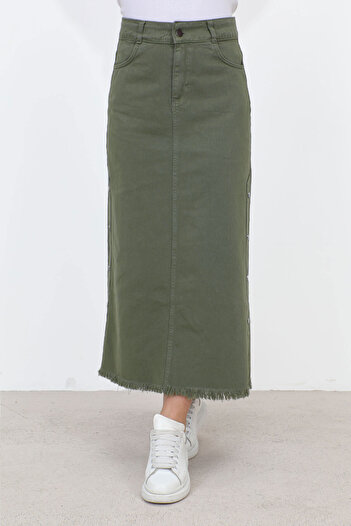 Tesettür Dünyası Denim Skirt with Flared Sides TSD22019 Khaki