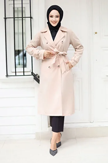 Tesettür Dünyası Beige Trench Coat with Buttons and Epaulet Detail, Tsd 240901