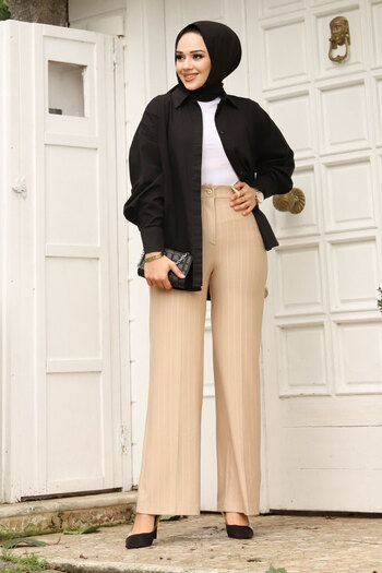 Tesettür Dünyası Wide Leg Striped Trousers TSD240115 Beige