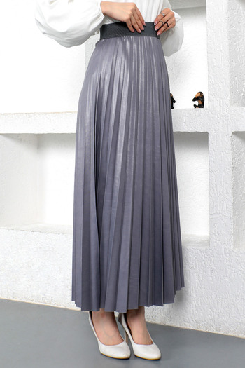 Tesettür Dünyası Leather Look Pleated Skirt Tsd221001 Gray