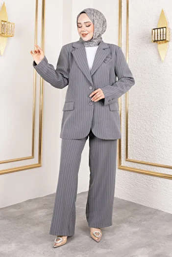 Tesettür Dünyası Striped Double Breasted Collar Suit Tsd 250152   Gray