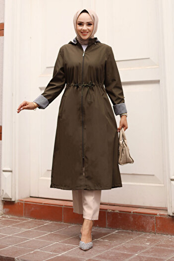Tesettür Dünyası Khaki Striped Zippered Trench Coat - Tsd 240923