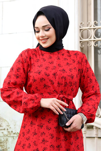Tesettür Dünyası Daisy Patterned Skirt Flounce Long Hijab Dress Tsd240205 Red