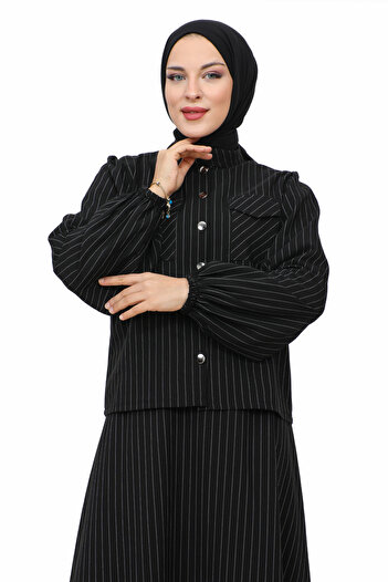 Tesettür Dünyası Hira Striped Skirt Suit TSD231203 Black