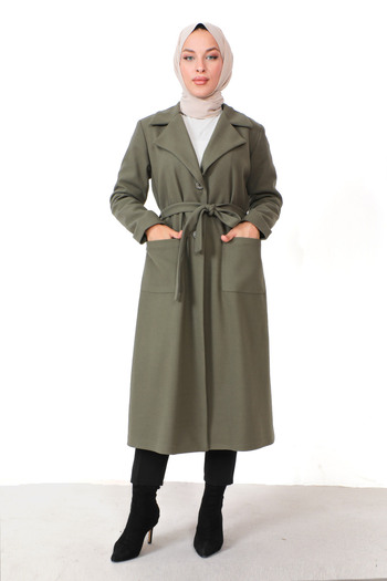 Tesettür Dünyası Pocket Stamped Coat TSD230815 Khaki