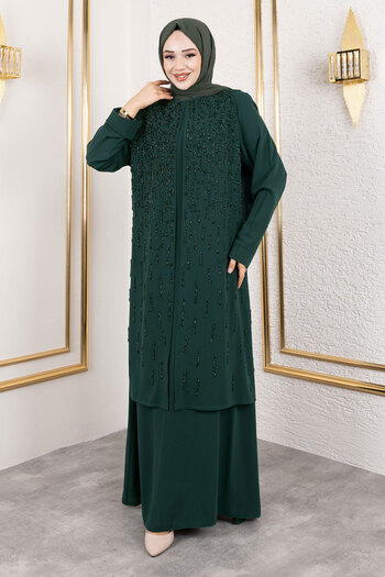 Tesettür Dünyası Stone Detailed Long Hijab Dress Tsd250130 Emerald Green