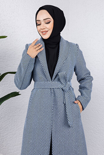 Tesettür Dünyası Blue Double Breasted Collar Pocket Coat - Tsd 240938