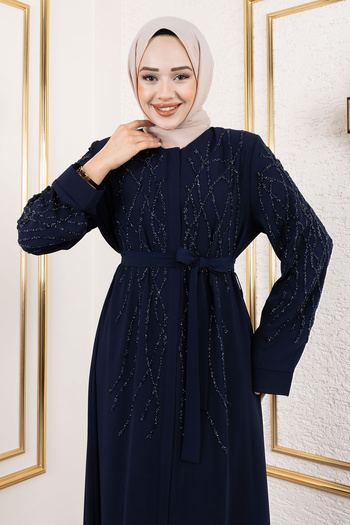 Tesettür Dünyası Navy Blue Stone Detailed Hidden Zippered Abaya - Tsd 250112