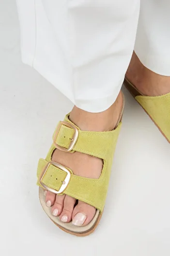 Manijero Irene Genuine Leather Double Buckle Pistachio Green Slippers