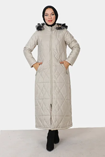 Tesettür Dünyası Quilted Coat with Zipper Pocket TSD230914 Ecru