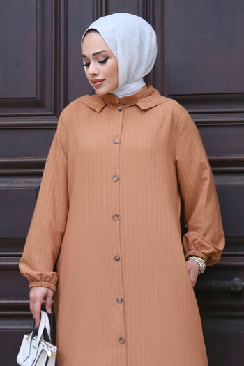 Tesettür Dünyası Plus Size Removable Hooded Buttoned Ferace TSD240219 Tan
