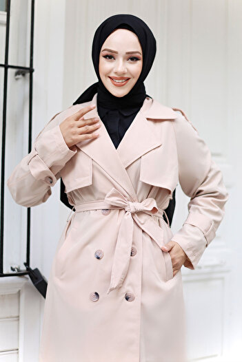 Tesettür Dünyası Beige Trench Coat - Chain Detailed, Tsd 240902