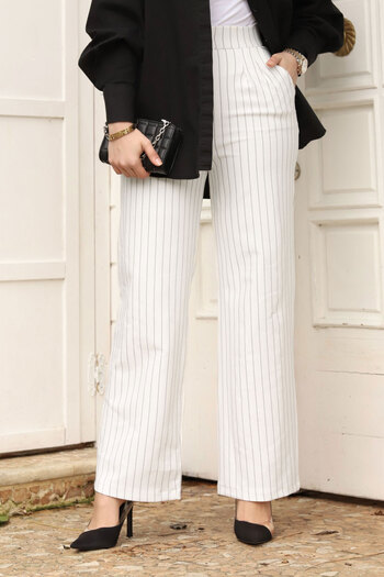 Tesettür Dünyası Striped Palazzo Trousers TSD240117 White