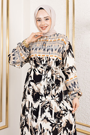 Tesettür Dünyası Sera Patterned Viscose Long Hijab Dress Tsd250138 Beige