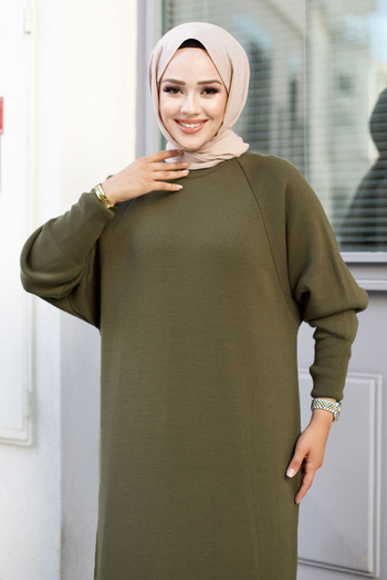 Tesettür Dünyası Reglan Sleeve Knitwear Long Dress Tsd240725 Green