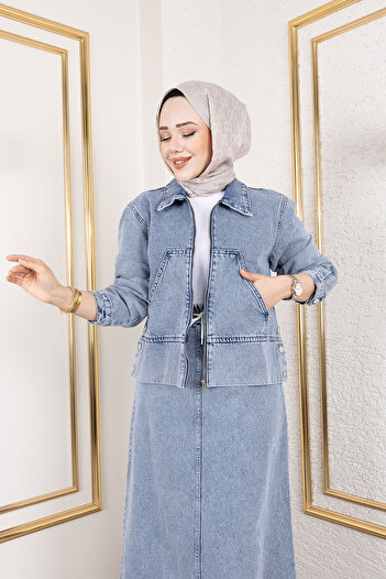 Tesettür Dünyası Lavin Skirted Denim Suit Tsd 250146   Light Blue