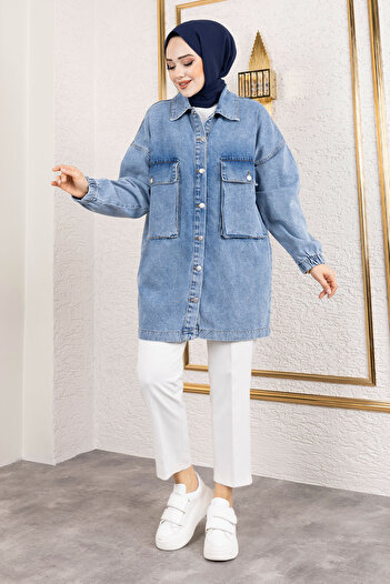 Tesettür Dünyası Oversize Denim Jacket Tsd with Bellows Pockets 250103   Light Blue