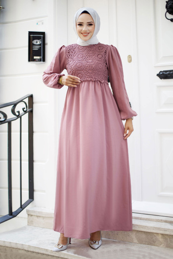 Tesettür Dünyası Front Lace Detailed Hijab Long Hijab Dress Tsd240519 Dusty Rose