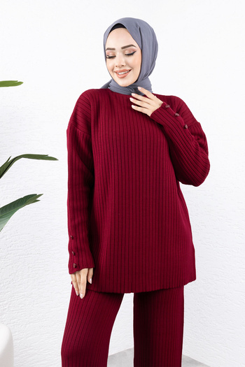 Tesettür Dünyası Burgundy Knitwear Set - Button Detail Sleeve, Tsd 240947